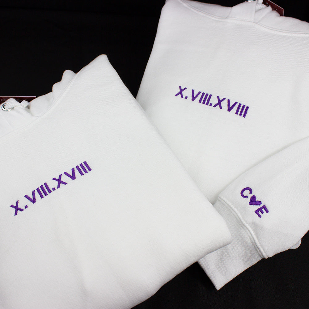 anniversary, couples, date night outfit, anniversary gift, couples gift, wedding gift, roman numerals, sweater embroidery