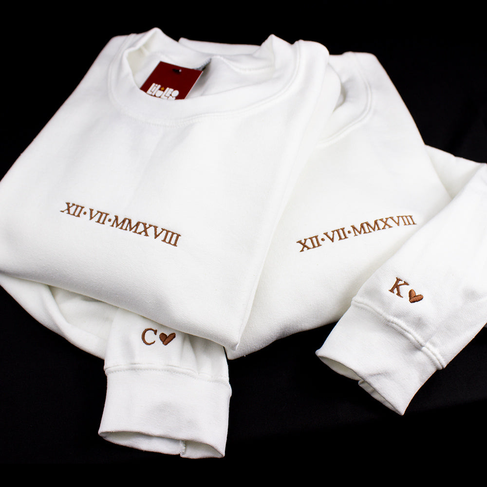 anniversary, couples, date night outfit, anniversary gift, couples gift, wedding gift, roman numerals, sweater embroidery