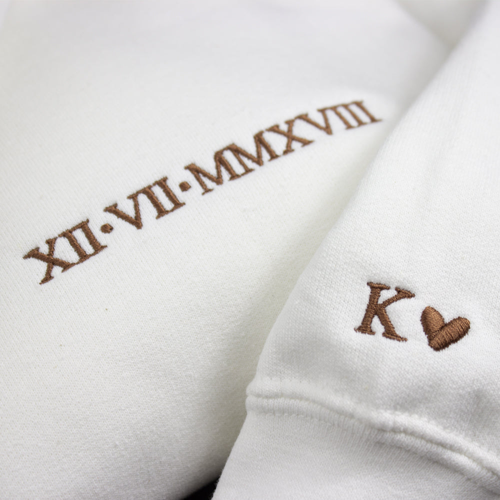 anniversary, couples, date night outfit, anniversary gift, couples gift, wedding gift, roman numerals, sweater embroidery